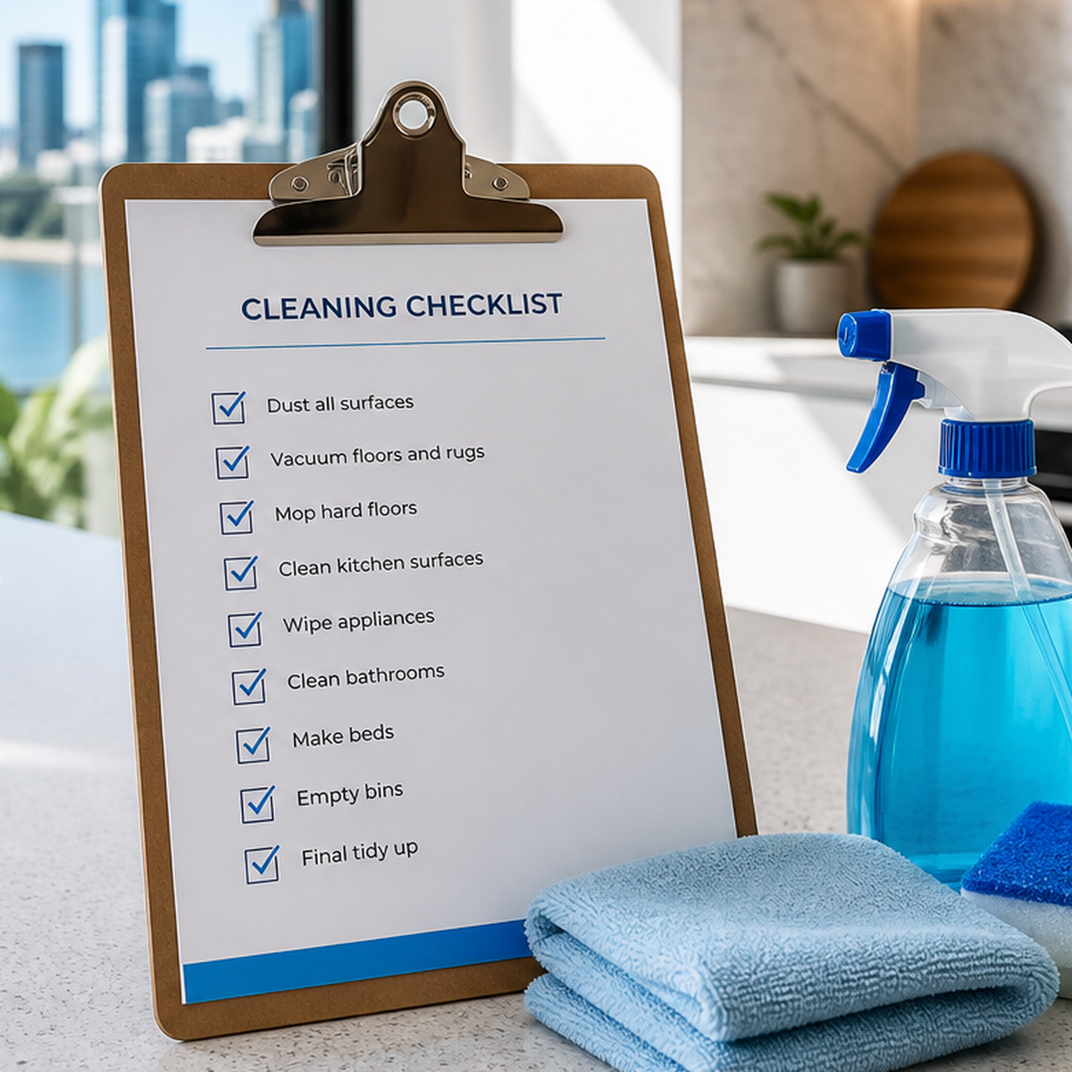 Cleaning checklist beside cleaning supplies