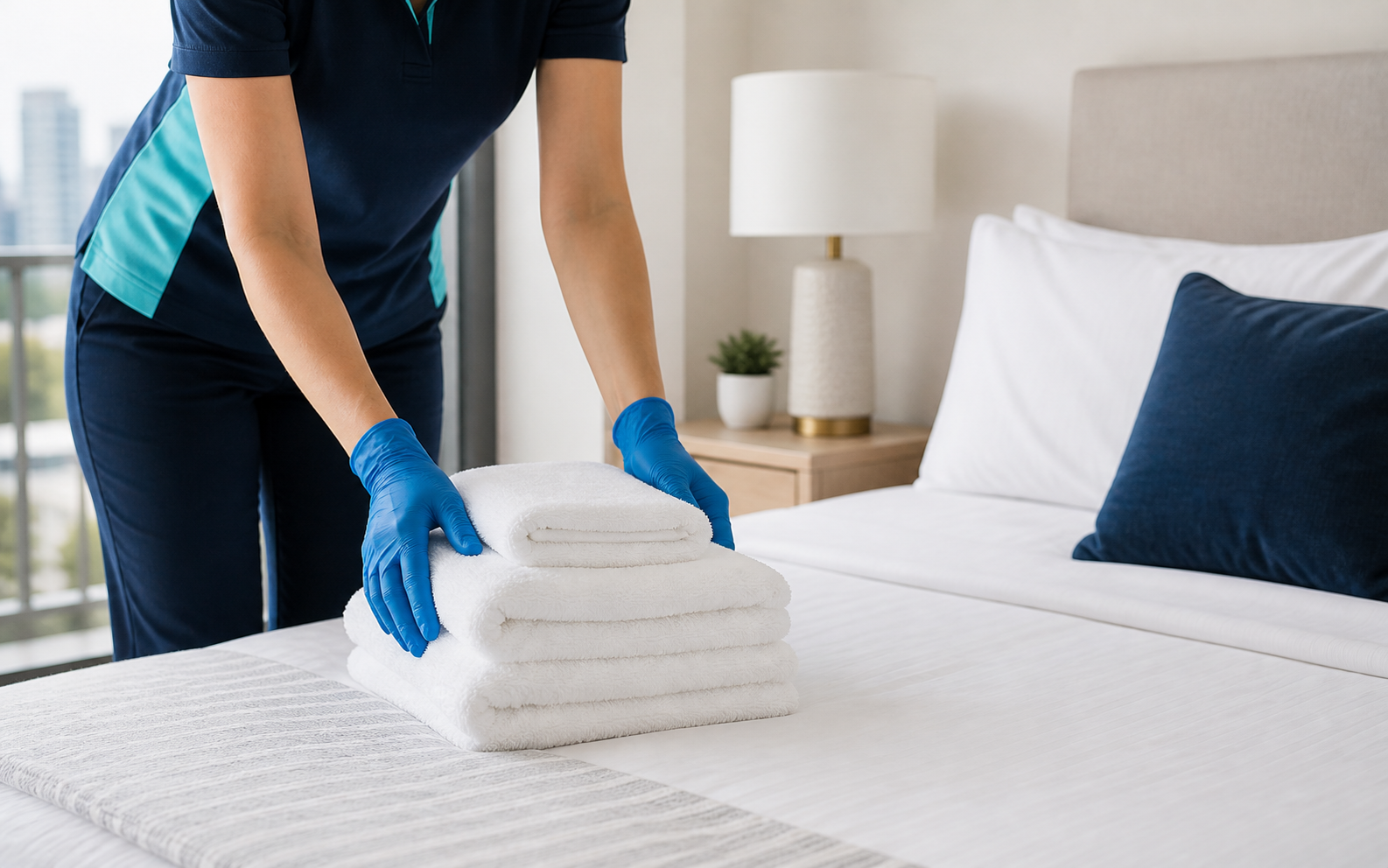 Auspec cleaner placing fresh towels on a guest bed for a short-stay turnover