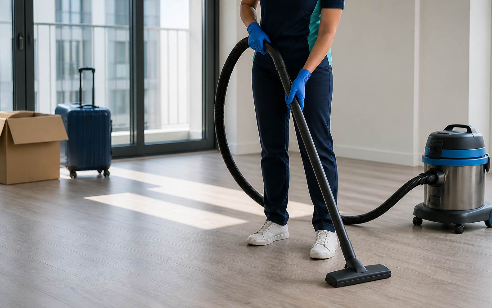 Auspec cleaner vacuuming an empty apartment for an end of lease clean